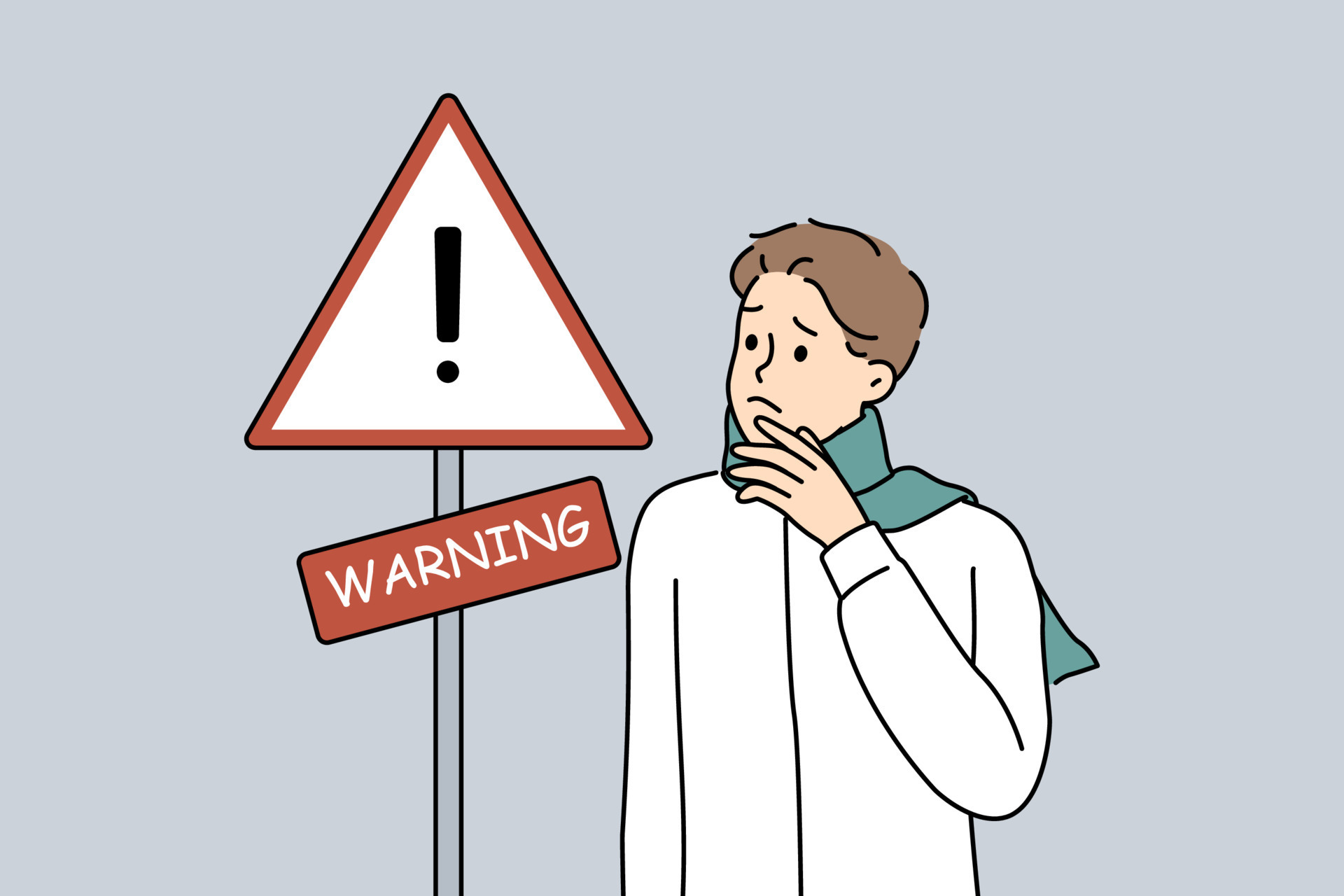 anxious man standing near warning sign worried unhappy guy look at road sign notify alert illustration vector