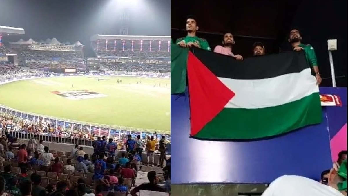 anti israel crowd with palestine flag at cricket matc