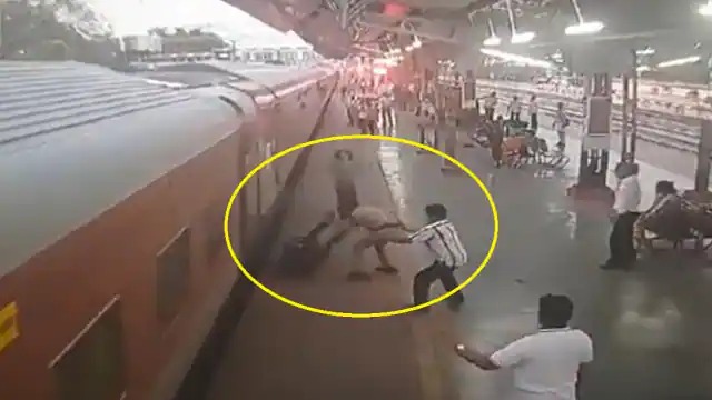 The man fell down from the moving train thus saving the RPF going creature Watch the video