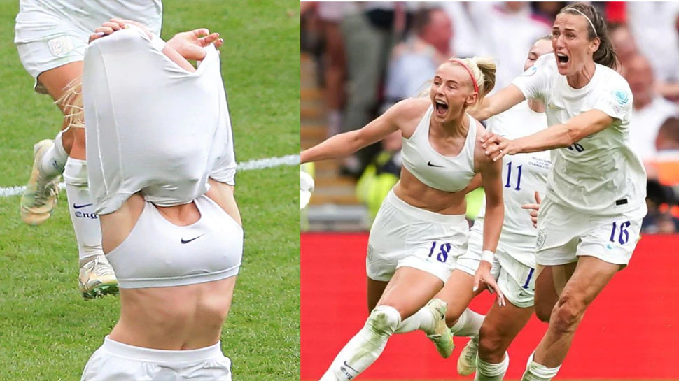 England womens footballer causes a stir takes off T shirt in front of 87000 fans